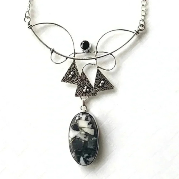 Copper White Buffalo Turquoise & Onyx 925 Sterling Silver Necklace NWT - Picture 1 of 7